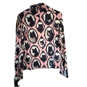 Kitty Cat Top  Blouse  Turtleneck Cameo Size L Pink Black Soft
